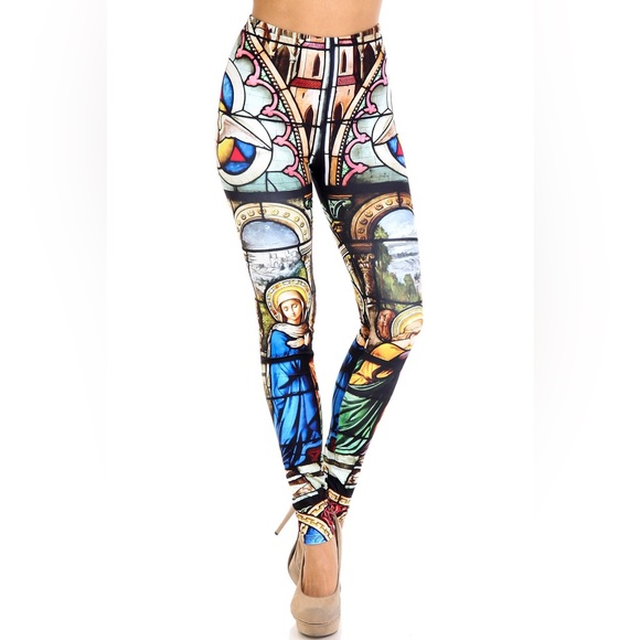 NWT Women’s Creamy Soft Stained Glass Cathedral Extra Plush Size Leggings 2X-5X - Picture 6 of 8